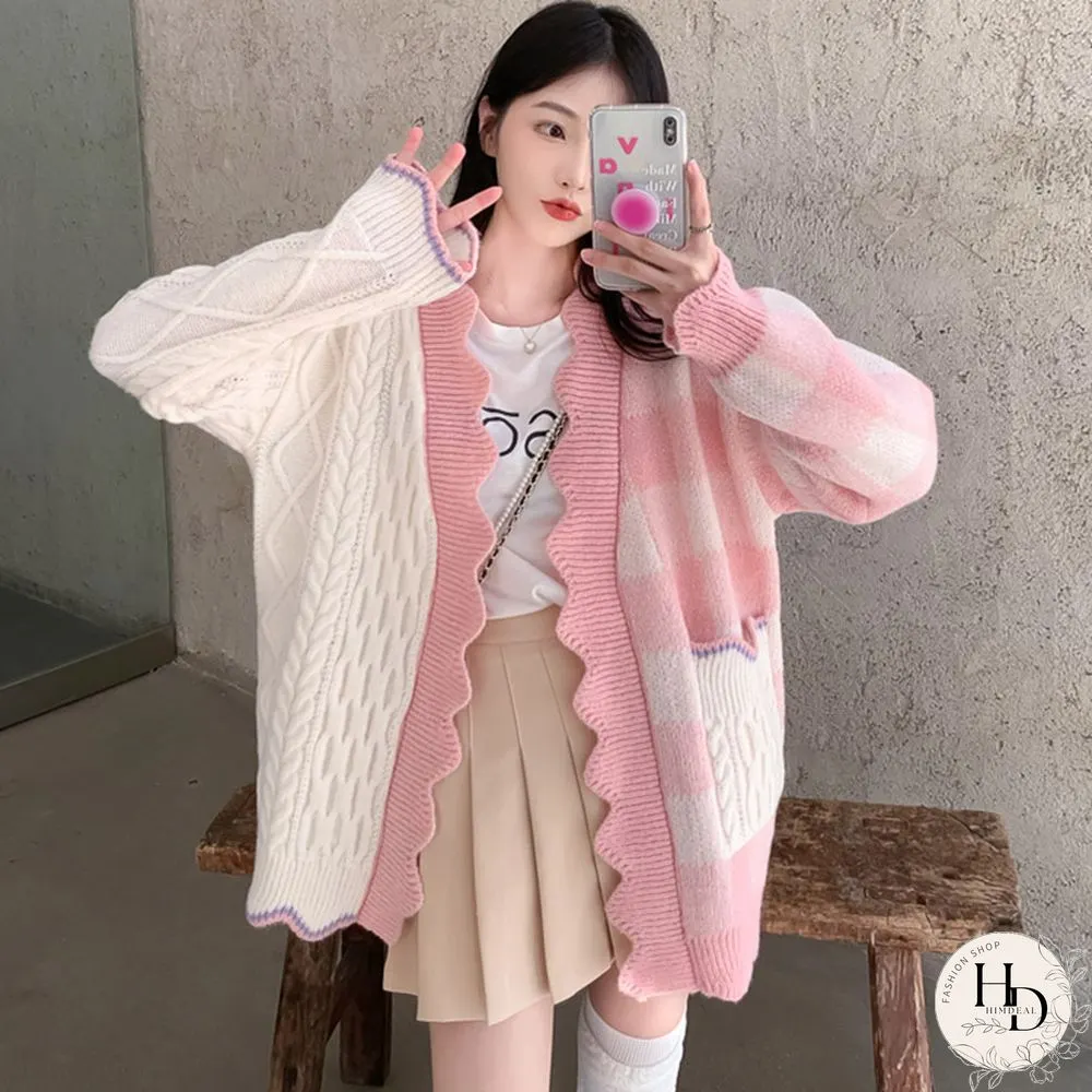 Lattice Print Colorblock Pocket Loose Cardigan Sweater