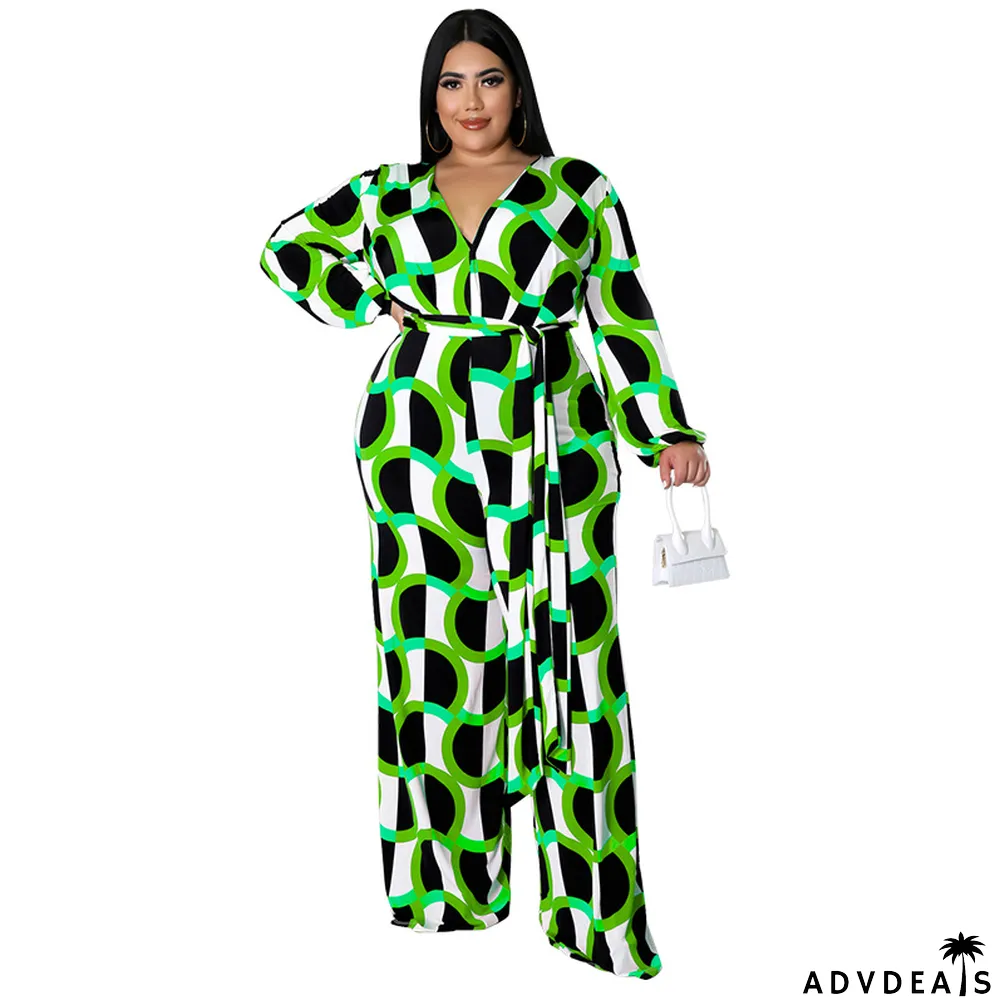New Fashion Plus Size Women's Fall Long Sleeve Print Casual Wide Leg Jumpsuit