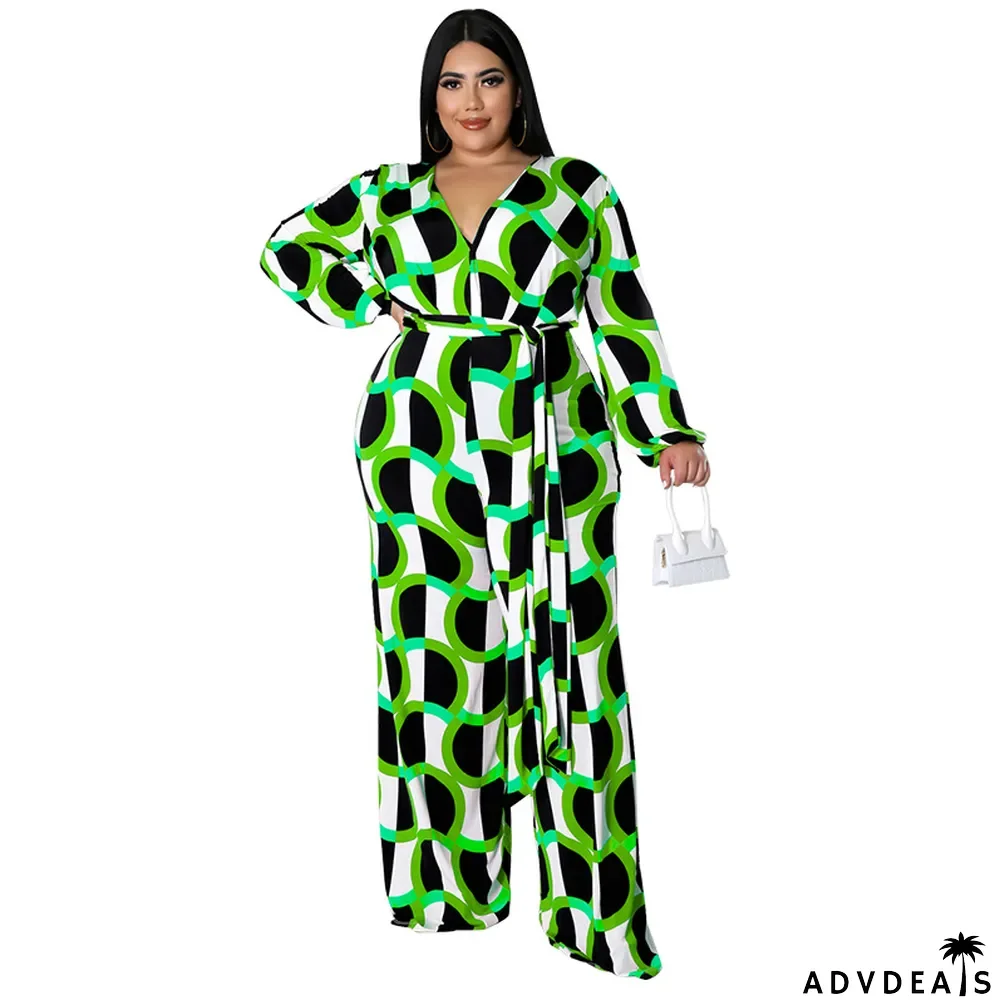 New Fashion Plus Size Women's Fall Long Sleeve Print Casual Wide Leg Jumpsuit