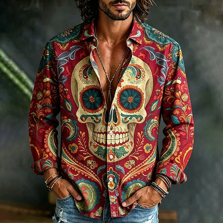 Men's Skull Hippie Art Flower Pattern Day Of The Dead Print Long Sleeve Shirt