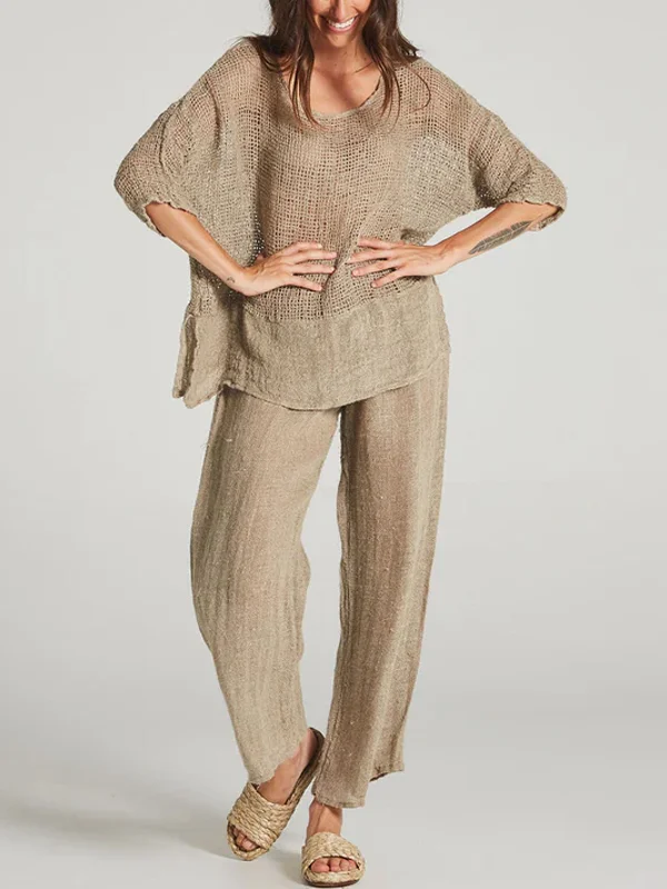 Round Neck Short Sleeve Top Trousers Linen Two Piece Suit