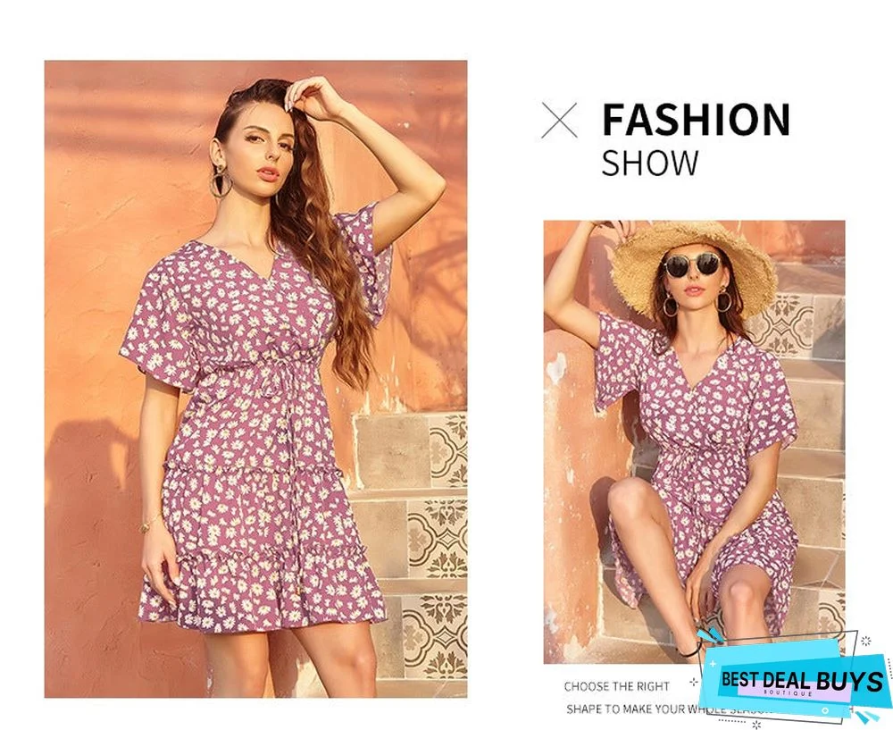 Women's Chiffon V-Neck Lace Up Dress Casual