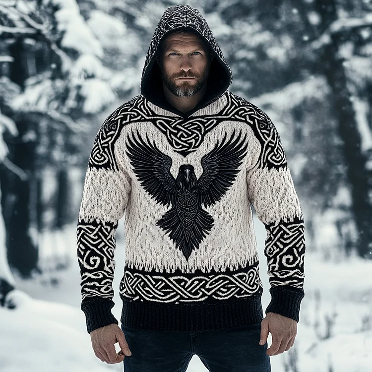 Men's Viking Art Jacquard Celtic Cozy Hooded Sweater