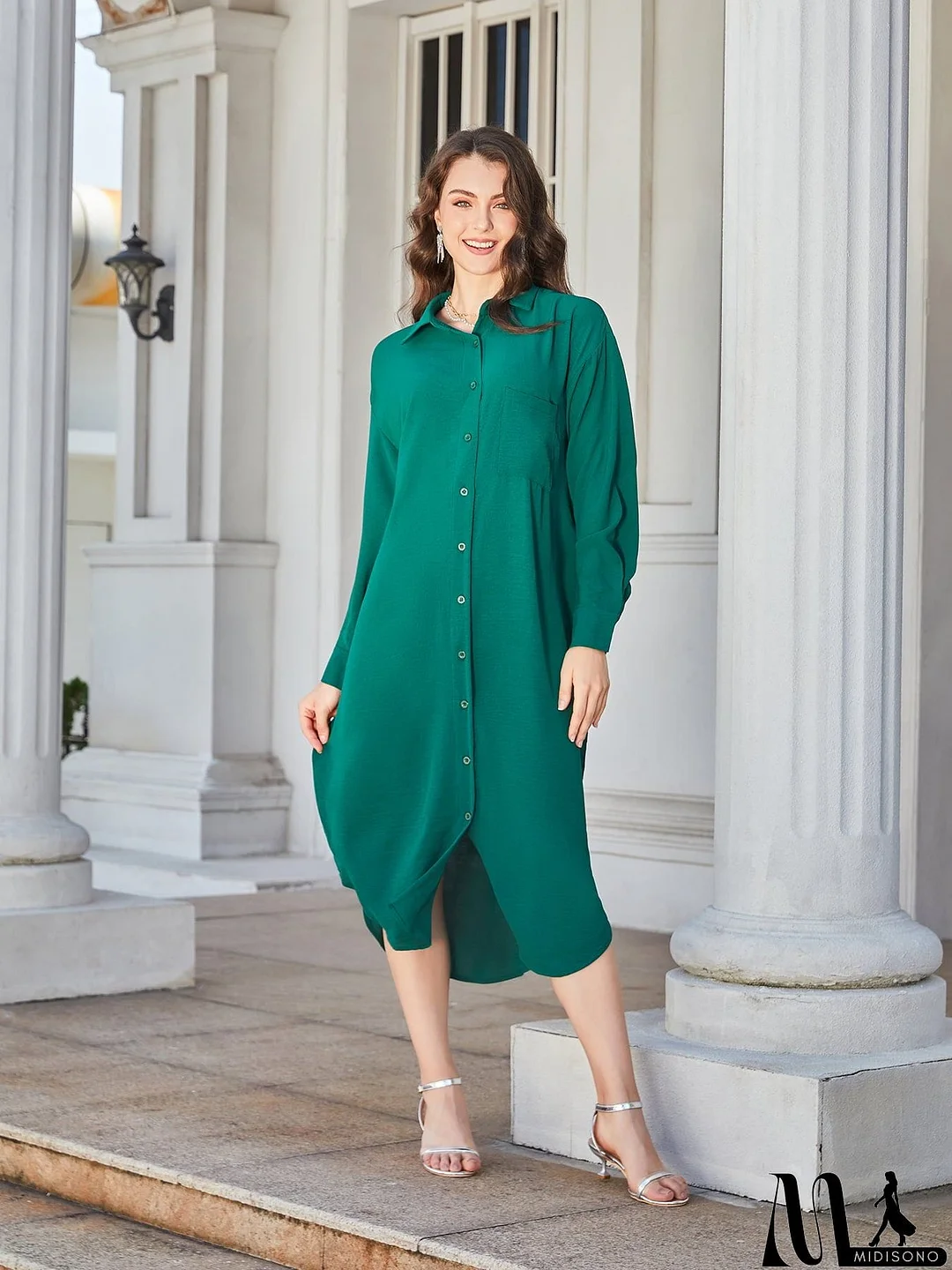 MidiSono - Collared Neck Long Sleeve Midi Shirt Dress