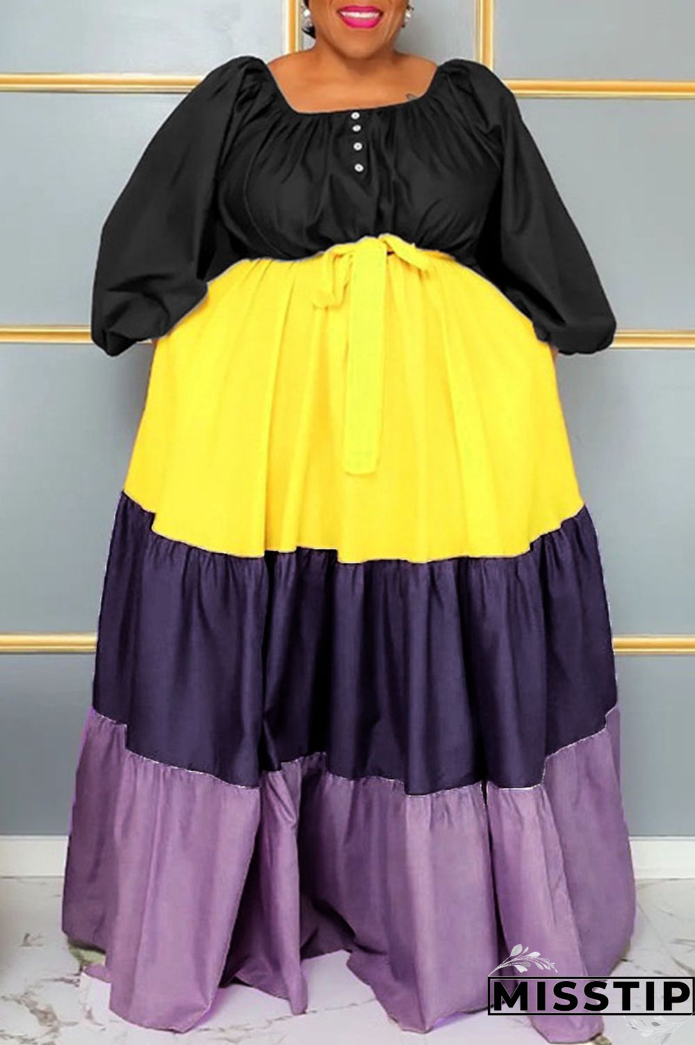 Green Casual Solid Patchwork Square Collar A Line Plus Size Dresses