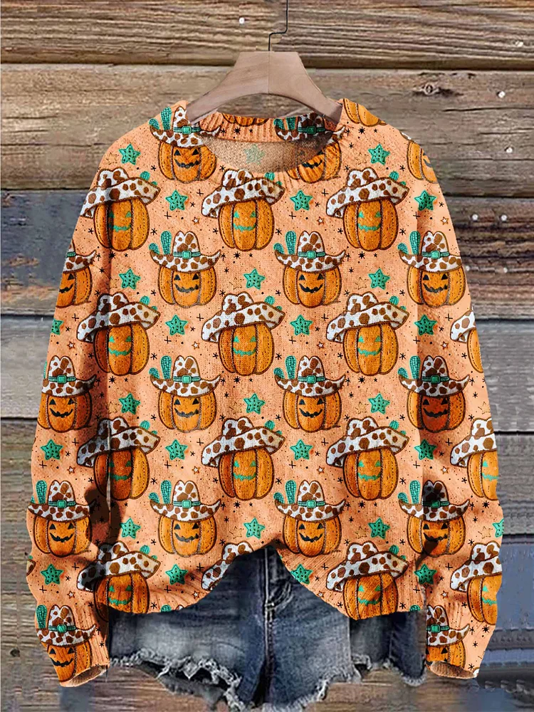 Pumpkin Autumn Season Halloween Art Print Knit Pullover Sweater