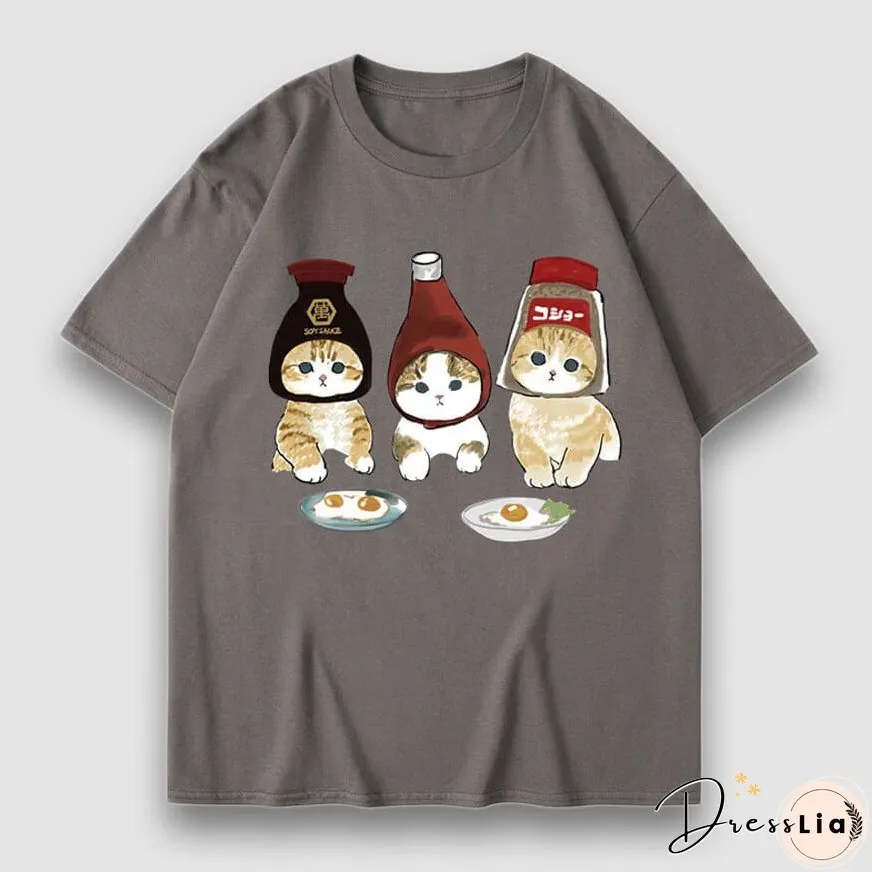 Three Cat Cartoon Print Tee