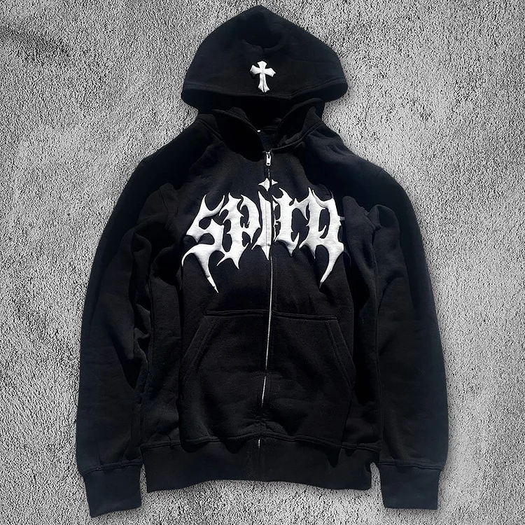 Hip Hop Gothic Cross Foam Print Zip Up Hoodie at Hiphopee