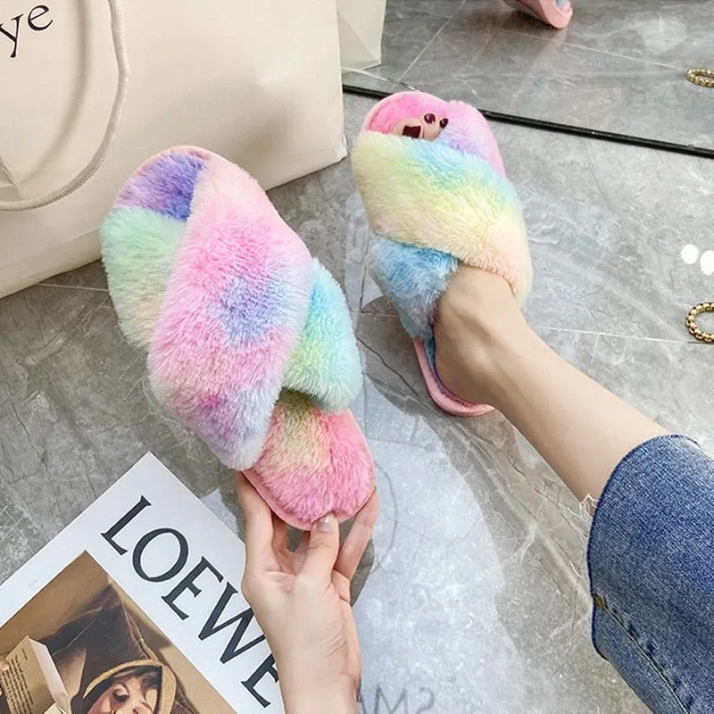 Newest Mixed Colors Fluffy Slippers Autumn Winter Home Slippers Women Furry Fur Slides Outdoor Women's Sandals 2021 Flip Flops