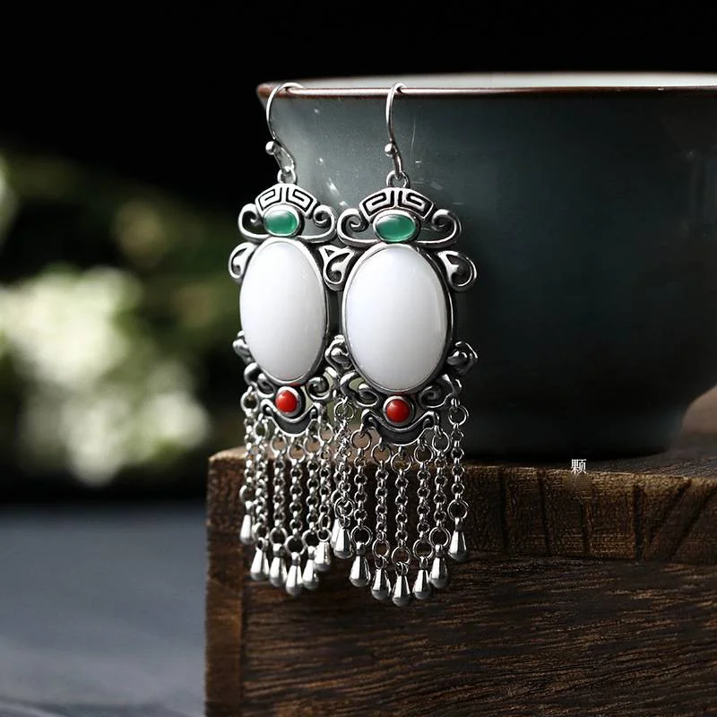 White Jade Tassel Vintage Chinese Style Drop Dangle Earrings