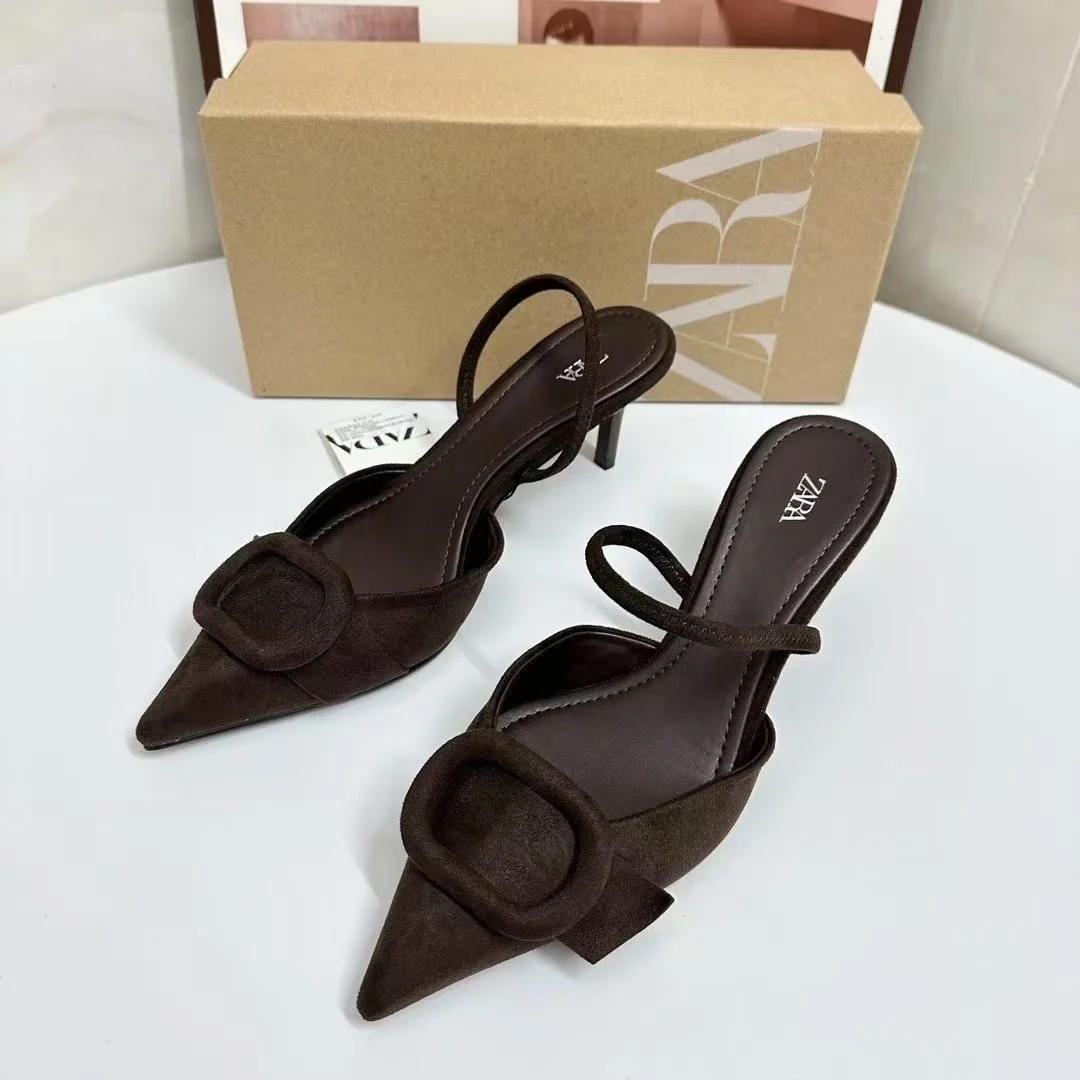 Breakj Breakj Home 2025 Summer New Women's Shoes Exposed Light Sandals Brown Pointed High Heels Muller Shoes