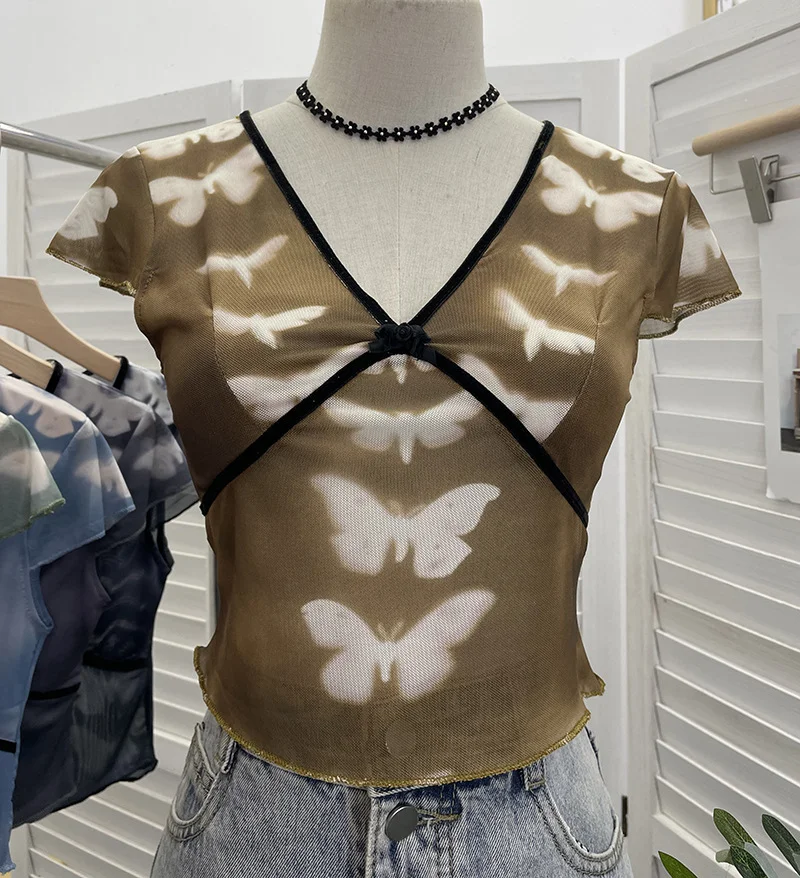 Zingj Sexy Hottie V-Neck Butterfly Print Short-Sleeved T-Shirt Slime Short-Navel Net T-Shirt Girl 9920