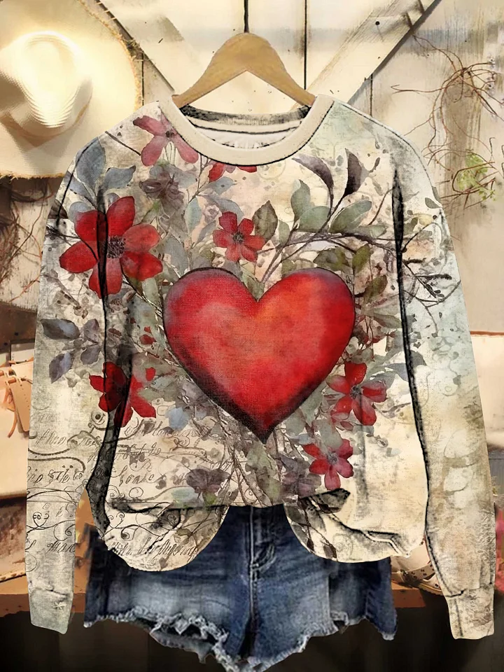 Retro Valentine's Day Love Flower Round Neck Sweatshirt