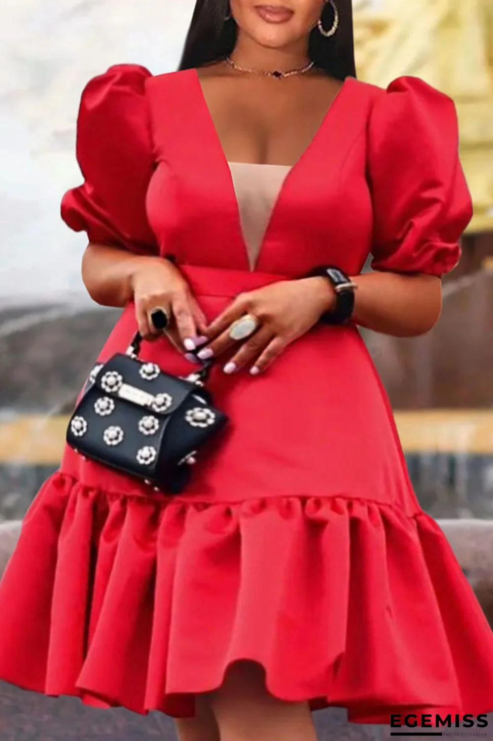 Red Casual Solid Patchwork V Neck A Line Dresses | EGEMISS