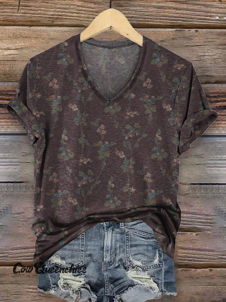 Vintage Pattern Printed Casual V-neck T-shirt Brown / S