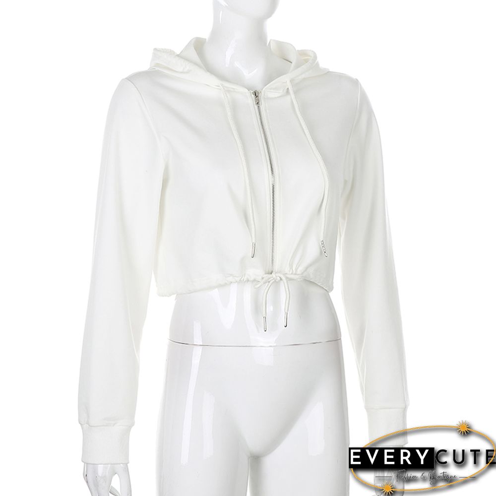 White Zipper Drawstring Crop Hoodie