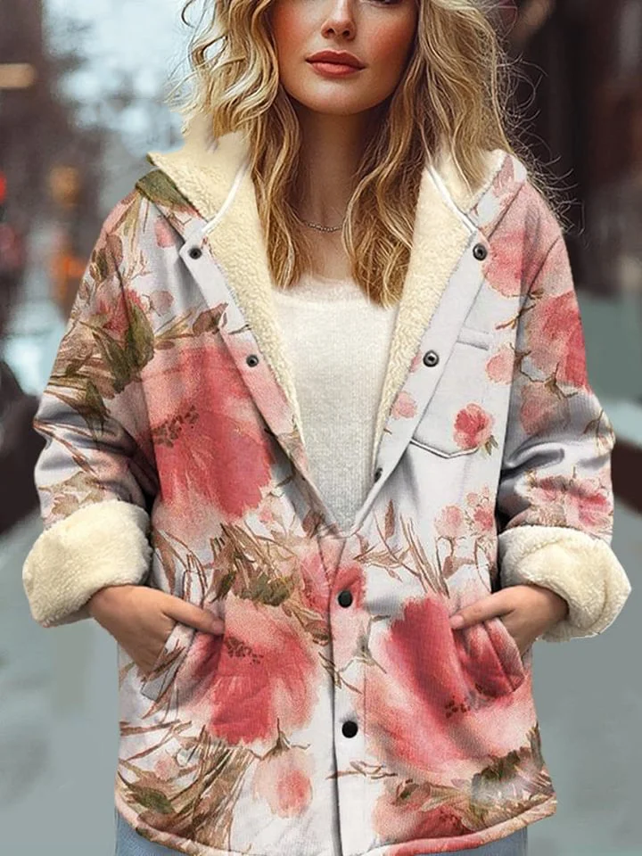 Women's Lovely Floral Art Print Waffle Plush Thick Long-Sleeved Hooded Coat