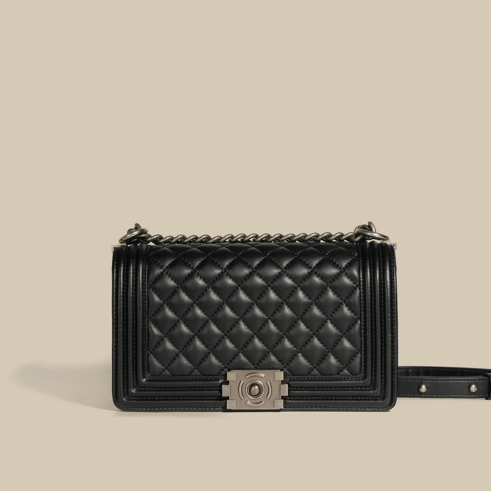 Calfskin Ruthenium Finish Metal Black Large Handbag-vocosishoes