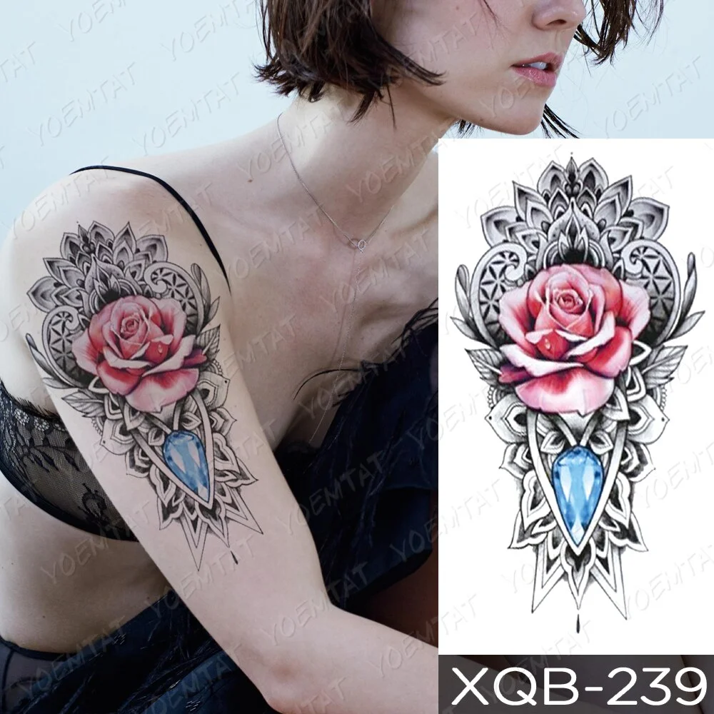 Waterproof Temporary Tattoo Sticker Heart Shaped Diamond Flash Tattoos Rose Flower Lace Body Art Arm Fake Sleeve Tatoo Women