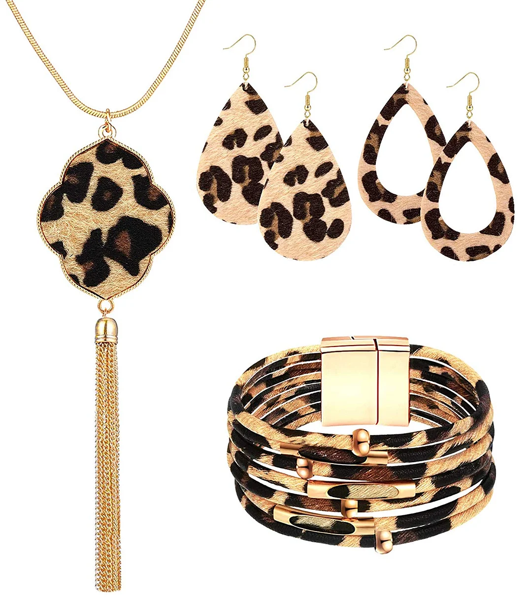 Women Leopard Leather Bracelet Teardrop Drop Dangle Earrings Long Tassel Pendant Necklace Christmas Jewelry Gift