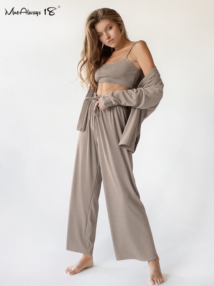 Fongt Ribbed Drop Sleeves Casual Sets Women 3 Pieces Homewear Outfits Vest And Shirts Bud Wasit Pants Suits Sleepwear 2022
