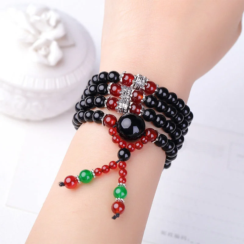 108 Beads Natural Black Obsidian Tiger Eye Mala Necklace Bracelet