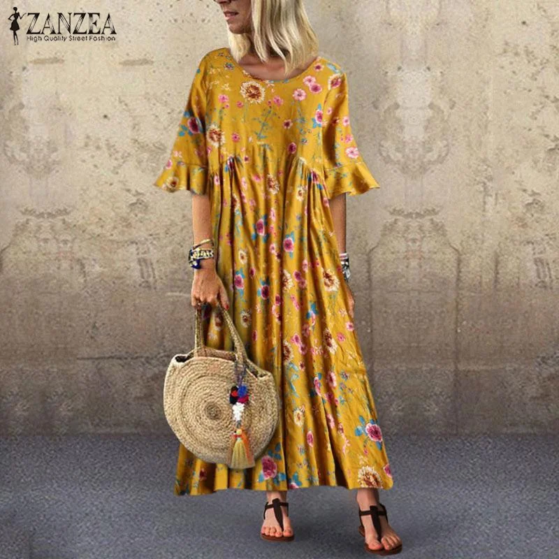2022 ZANZEA Summer Short Sleeve Dress Women Floral Printd Long Maxi Sundress Bohemian Ruffles Vestidos Femme Robe Tunic Dresses