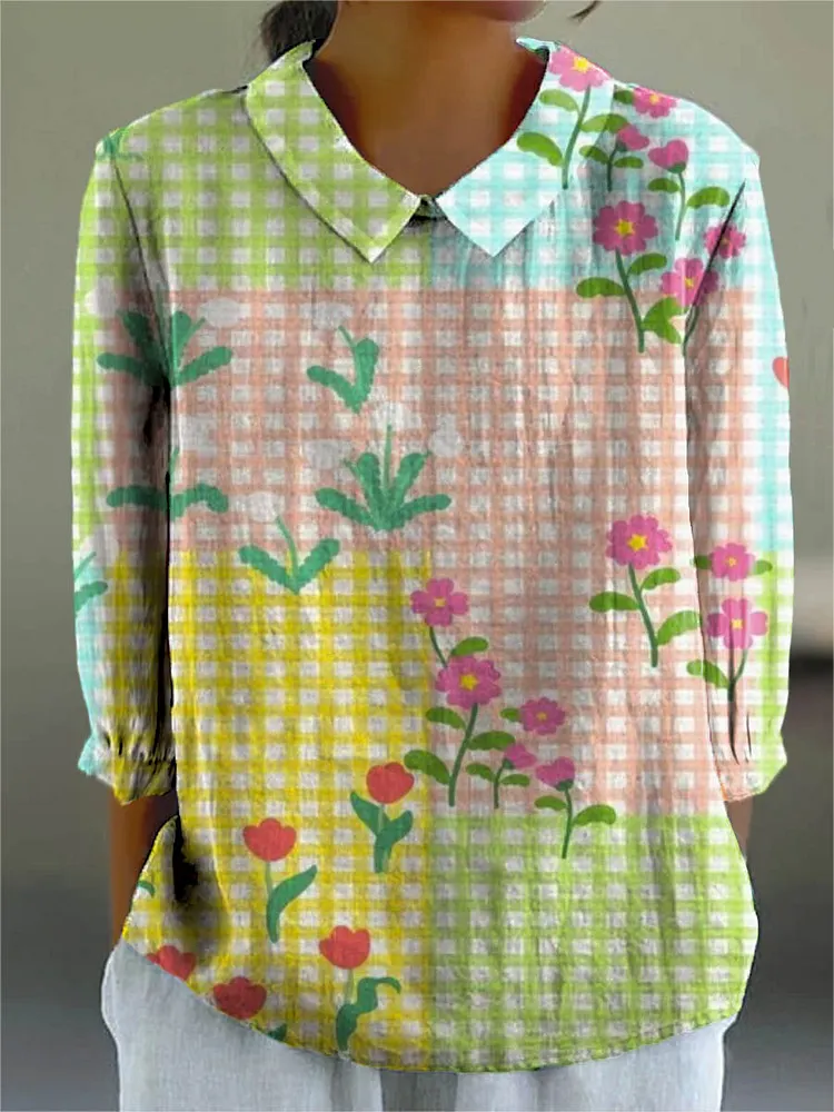 Women's Vintage Lovely Floral Art Print Casual Cotton And Linen 3/4 Sleeve Shirt