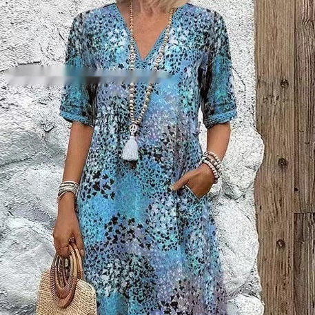 Mature Women Summer V-neck Casual Holiday Pocket Dress Homewear