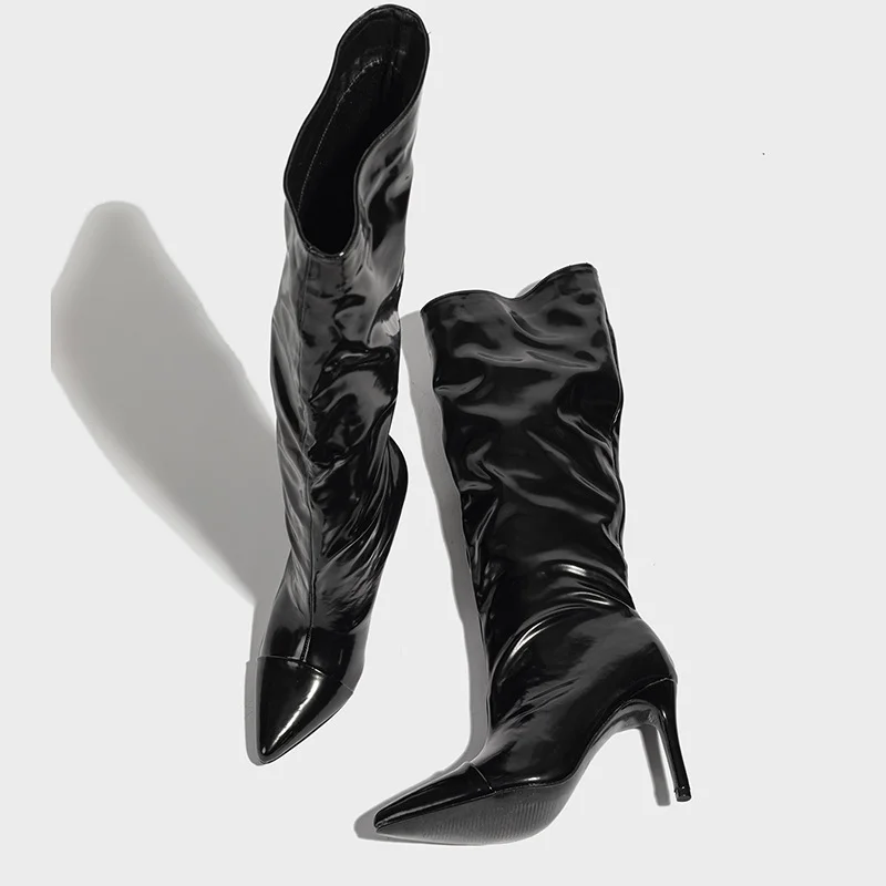 Yyvonne New Patent Leather Tip Head Bright One Foot Pedal In The Middle Of The Barrel Fashion Set Of Women's Boots