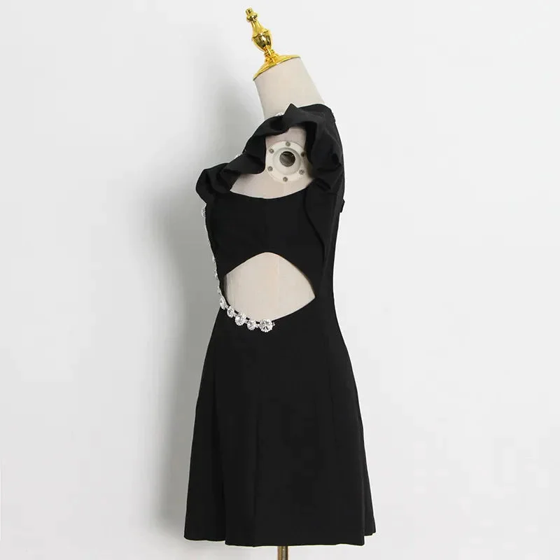 Oocharger Sexy Black Ruffle Dress For Women O Neck Sleeveless High Waist Hollow Out Patchwork Diamond Mini Dresses Female New