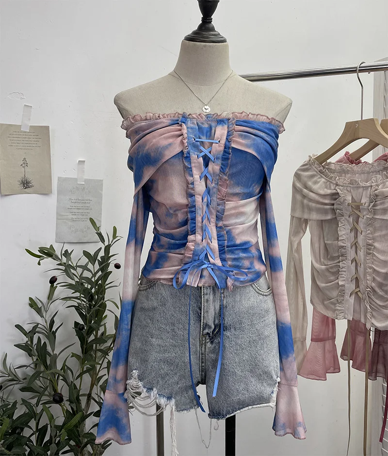 Uveng Vintage Dizzying Rope Tie To Close The Waist Umbilked Short Shoulder Horn Horn Long-Sleeved Top 2592
