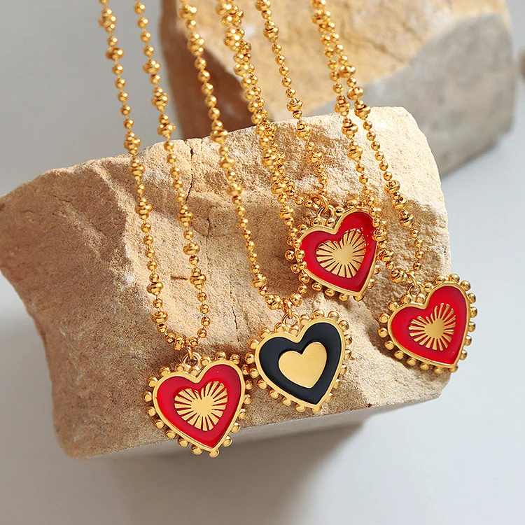 Black & Red 2 Sides Heart Pendant Necklace