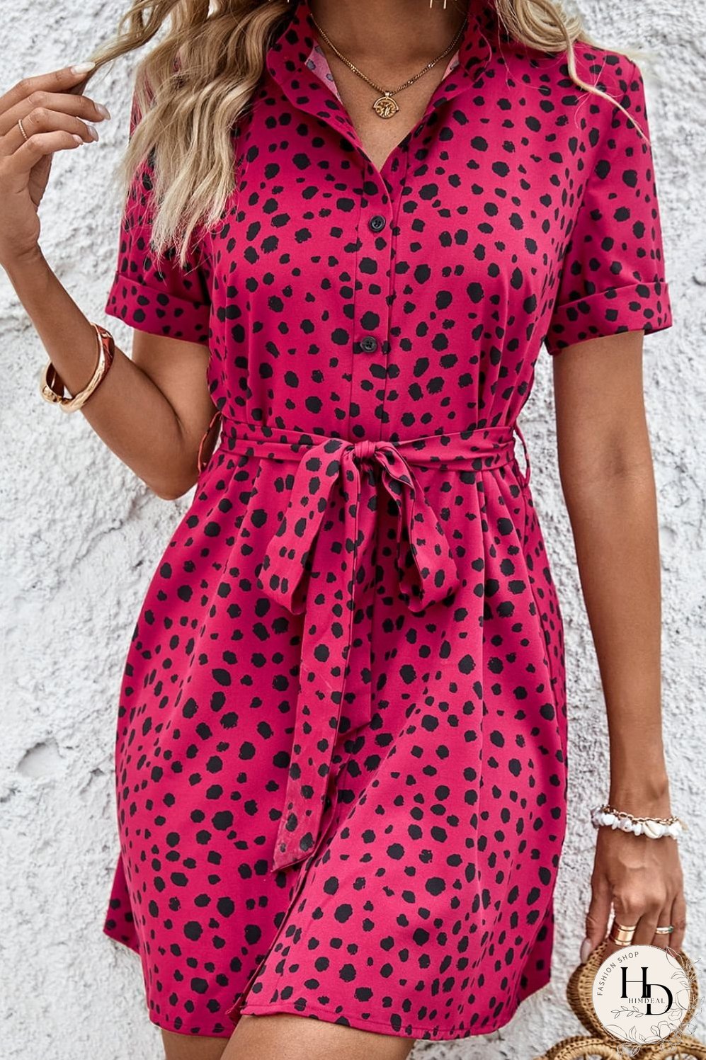 Dotted Short Sleeve Tie Belt Dress