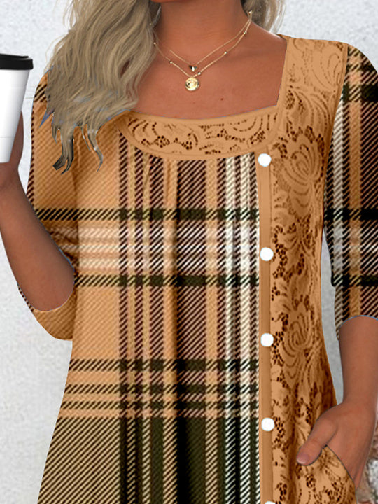 Women Half Sleeve V-neck Solid Color Dress