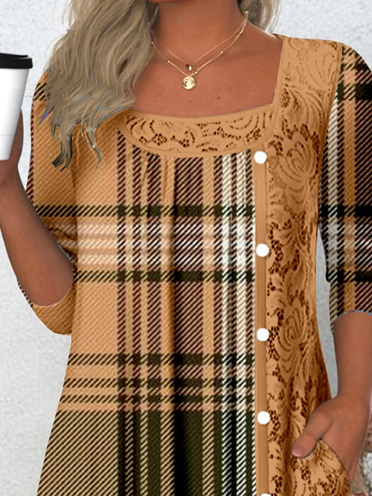 Women Half Sleeve V-neck Solid Color Dress