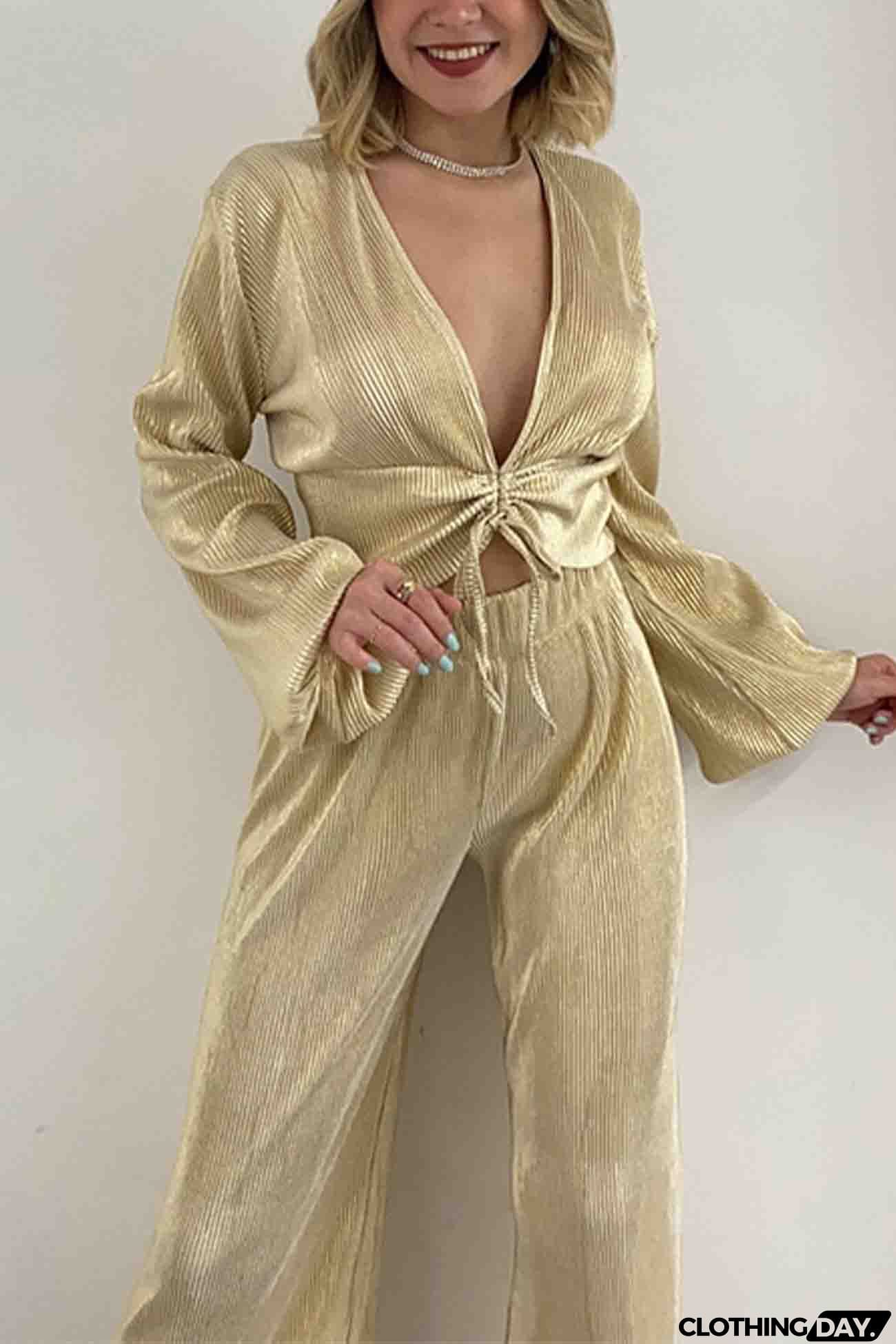 V Neck Shirring Puff Sleeve Wide Leg Pants Set