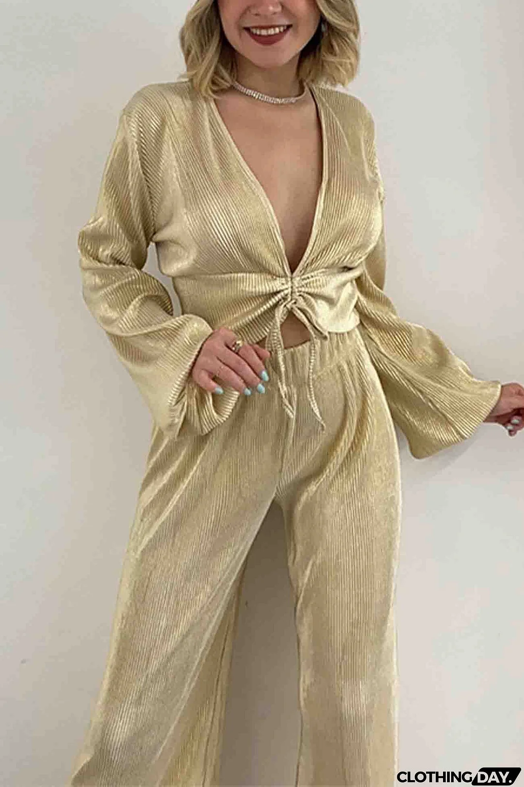 V Neck Shirring Puff Sleeve Wide Leg Pants Set
