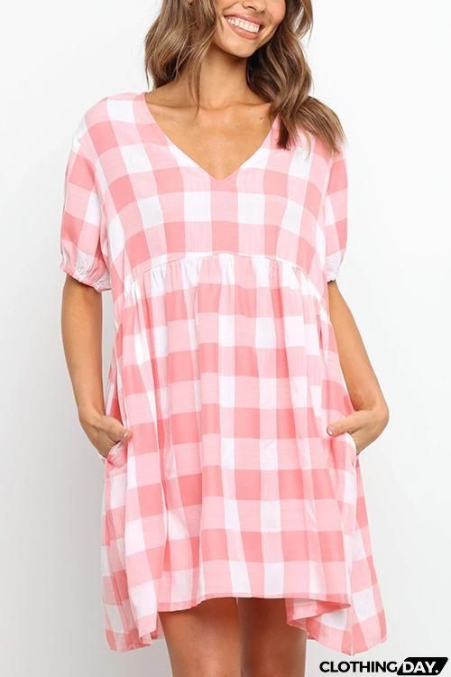 Plaid Pockets V Neck Mini Dress