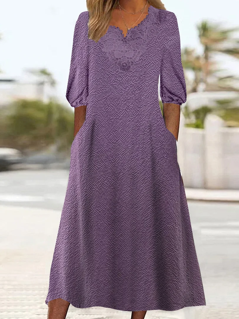 Women's 3/4 Sleeve V-neck Printed Lace Stitching Midi Dress