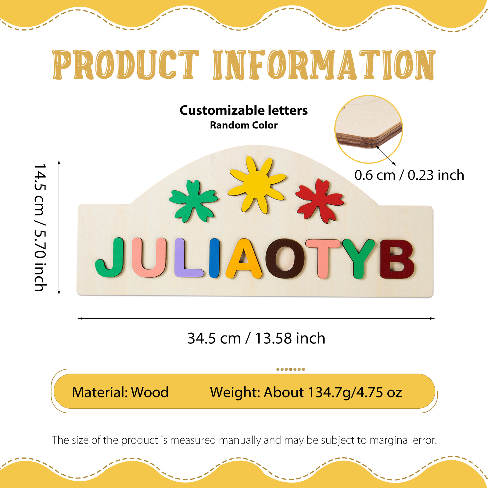 Personalized Kid's Wooden Name Alphabet Puzzle Toy for Toddlers Early