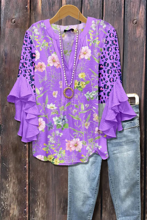 Spring Floral Print Leopard Ruffle Sleeve Top