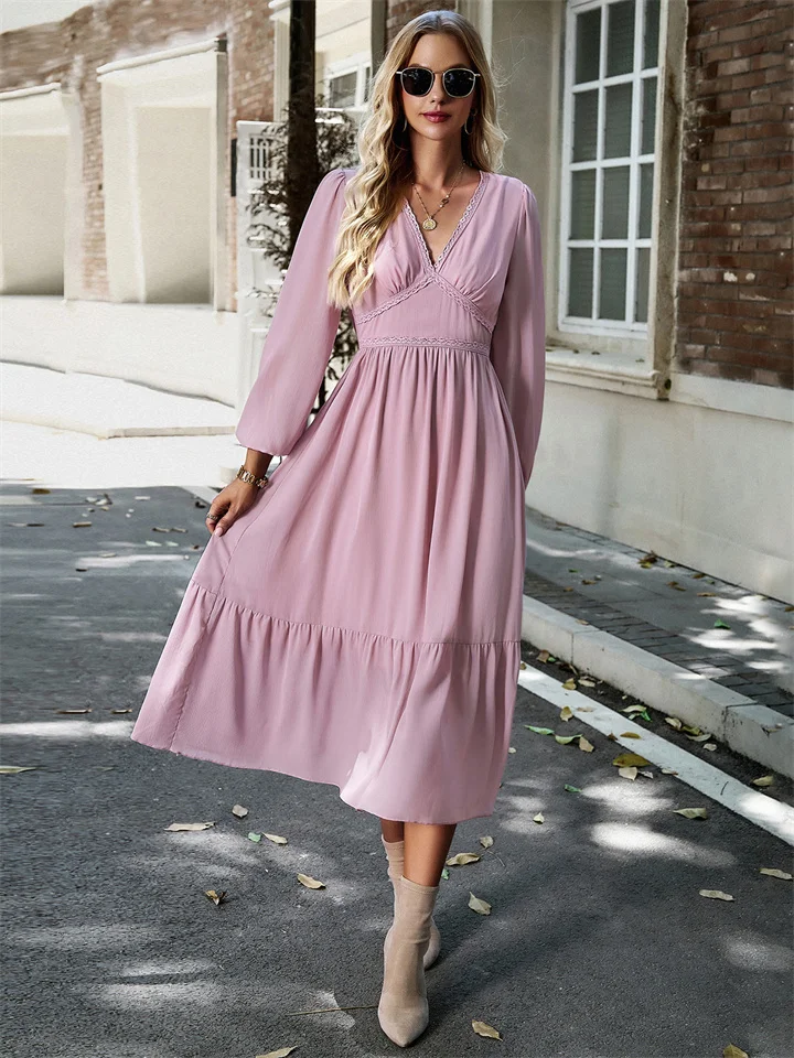 Autumn and Winter Dress Temperament Elegant Solid Color V-neck Bubble Sleeve High-waisted Temperament Commuter Long Skirt-Cosfine