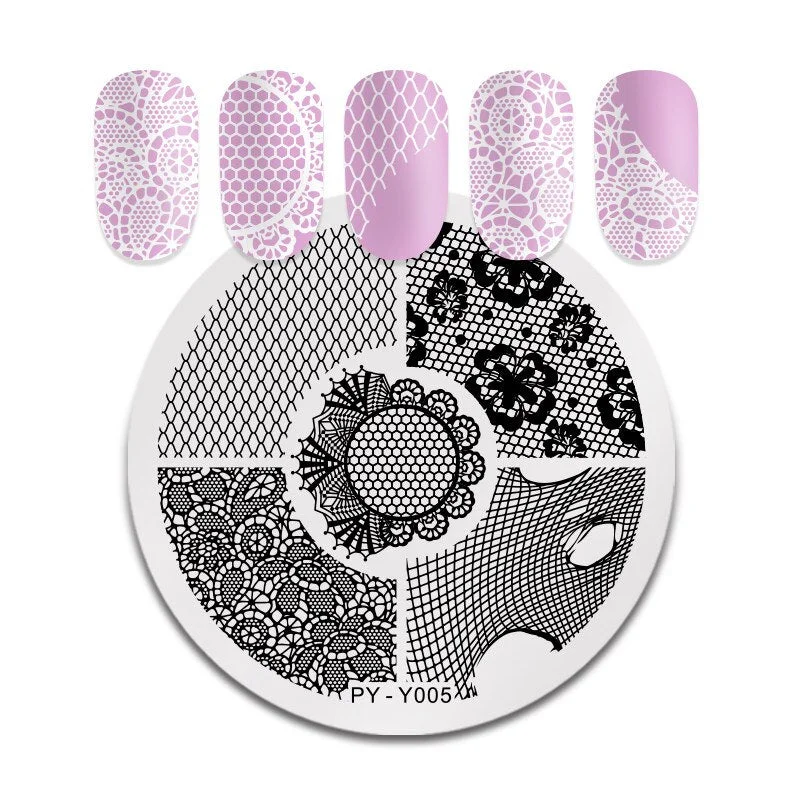 PICT YOU Nail Stamping Plates Round Lace Patterns Stainless Steel Grid Flowers Lace Nail Design Stamp Stencil Nail Image Plate