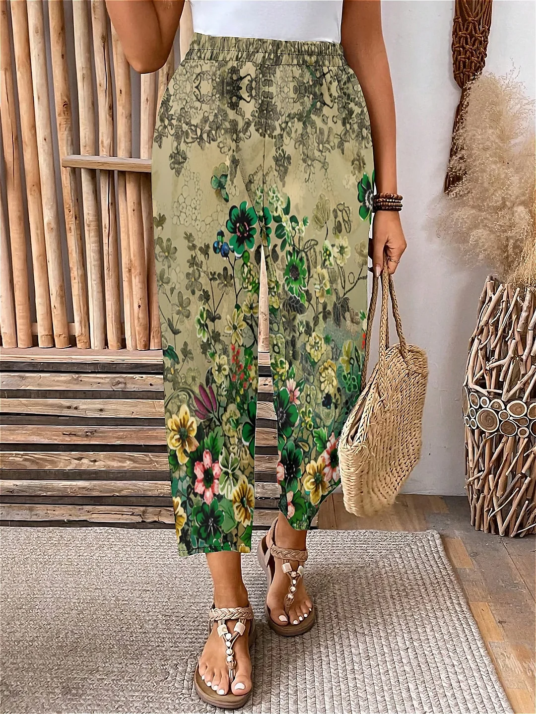 Plus Size Elastic Waist Khaki,Floral,Bohemian Printed Pants