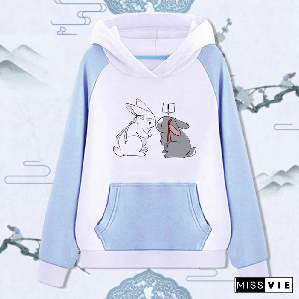 Cute Rabbit Print Pocket Hoodie