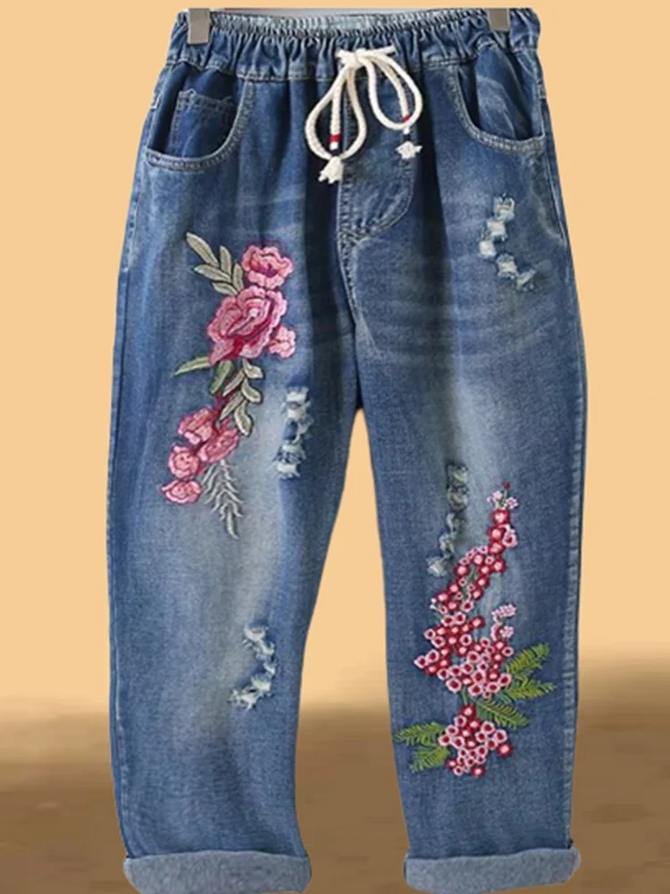 Embroidered Casual Denim Pants