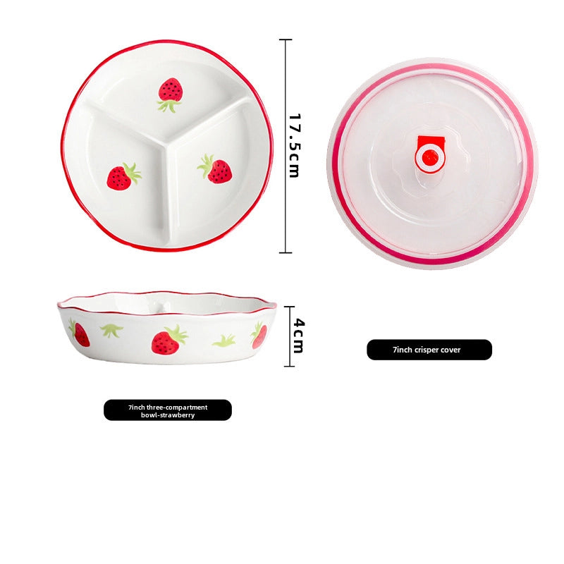Ceramic Compartment Deep Bowl With Lid Sealed Partition Bowl Heat-resistant Microwave Oven Special Three-compartment Bowl Plate Snack Lunch Box