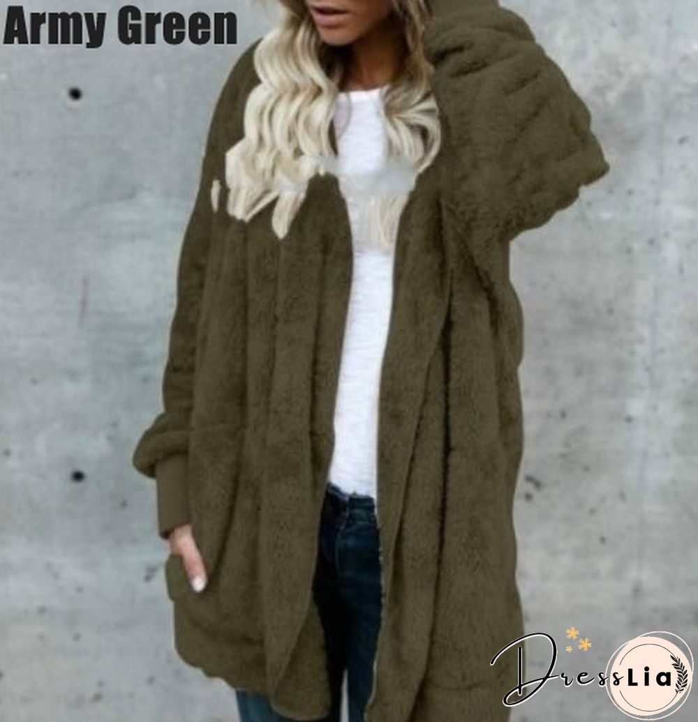 New Women’s Fashion Winter Warm Outwear Solid Color Long Sleeve Sweaters Hoodies Coats Loose Plush Cardigan Coat