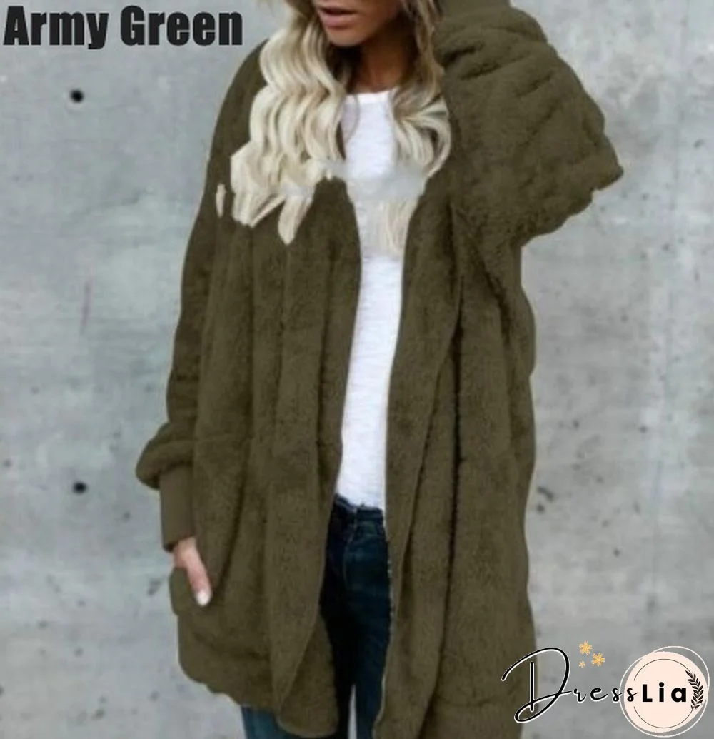 New Women’s Fashion Winter Warm Outwear Solid Color Long Sleeve Sweaters Hoodies Coats Loose Plush Cardigan Coat
